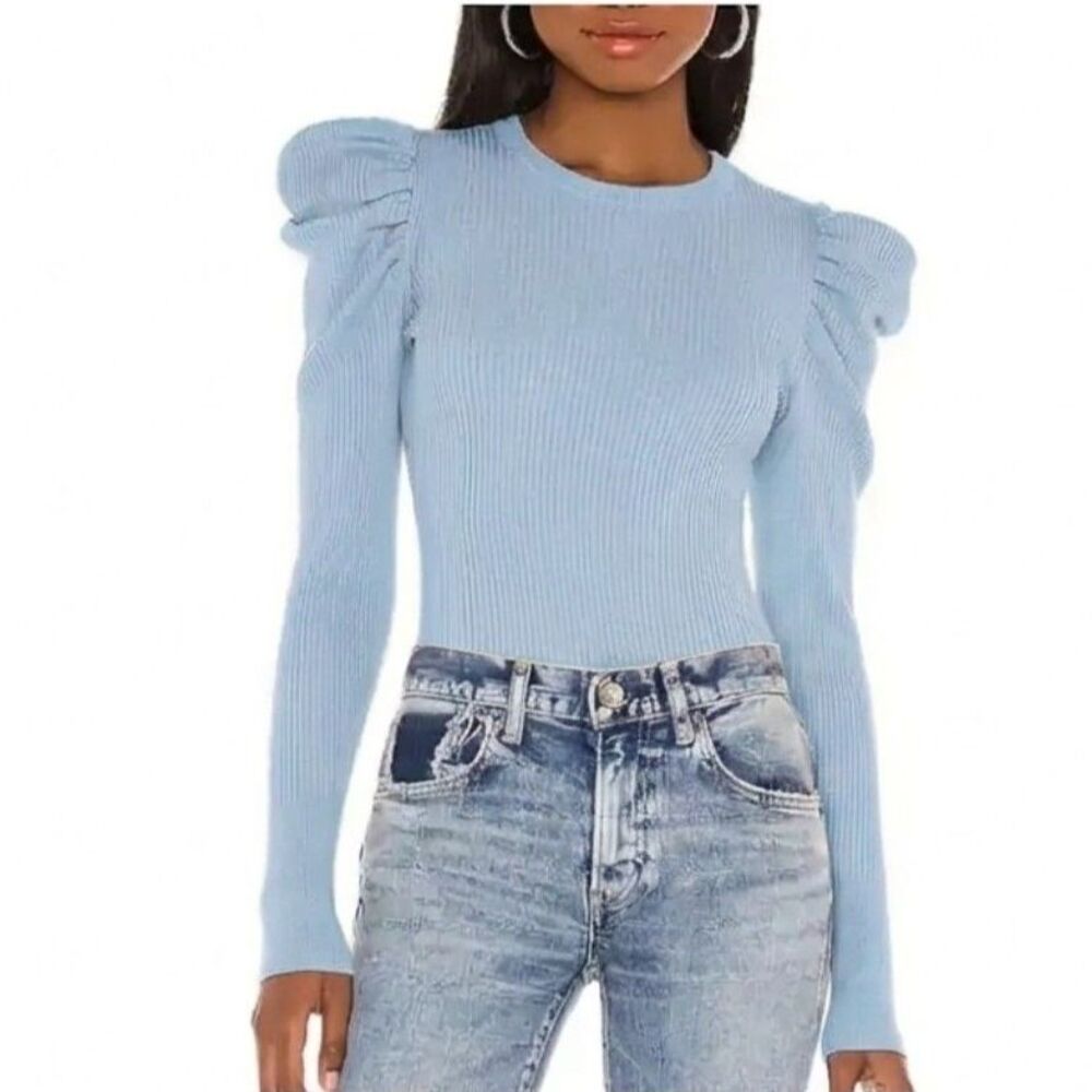7 For All Mankind Puff Sleeve Ribbed Crew Neck in Baby Blue Size L